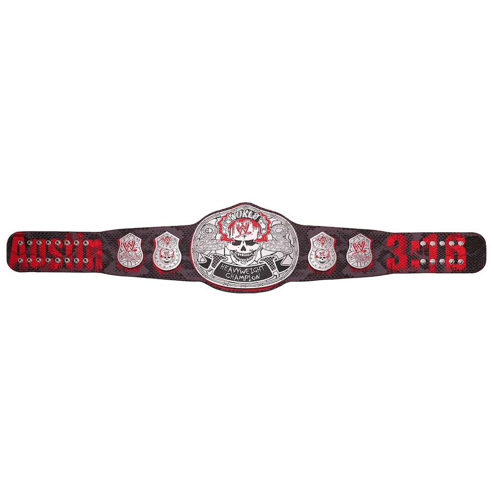 A replica WWE Raw Championship belt featuring a large silver central plaque with a skull and banner, flanked by four smaller silver plates, and red-and-black leather straps with silver studs and the word 'RAW' on both ends.