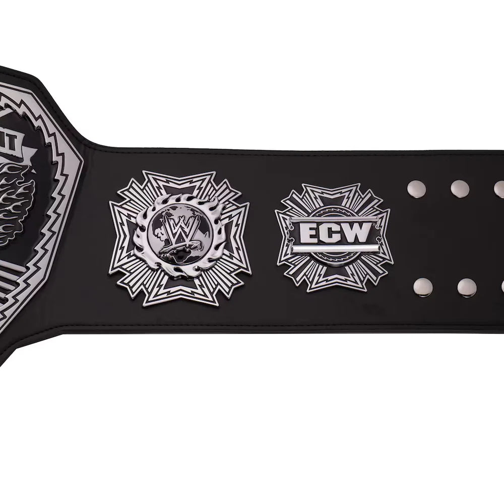Black championship belt with logos on a white background