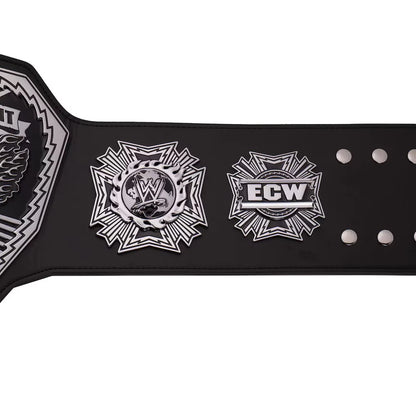 Black championship belt with logos on a white background