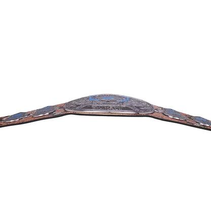A close-up of a championship belt featuring a large silver-toned central plate with blue and gold details, flanked by brown leather straps with blue and silver inlays, on a plain white background.
