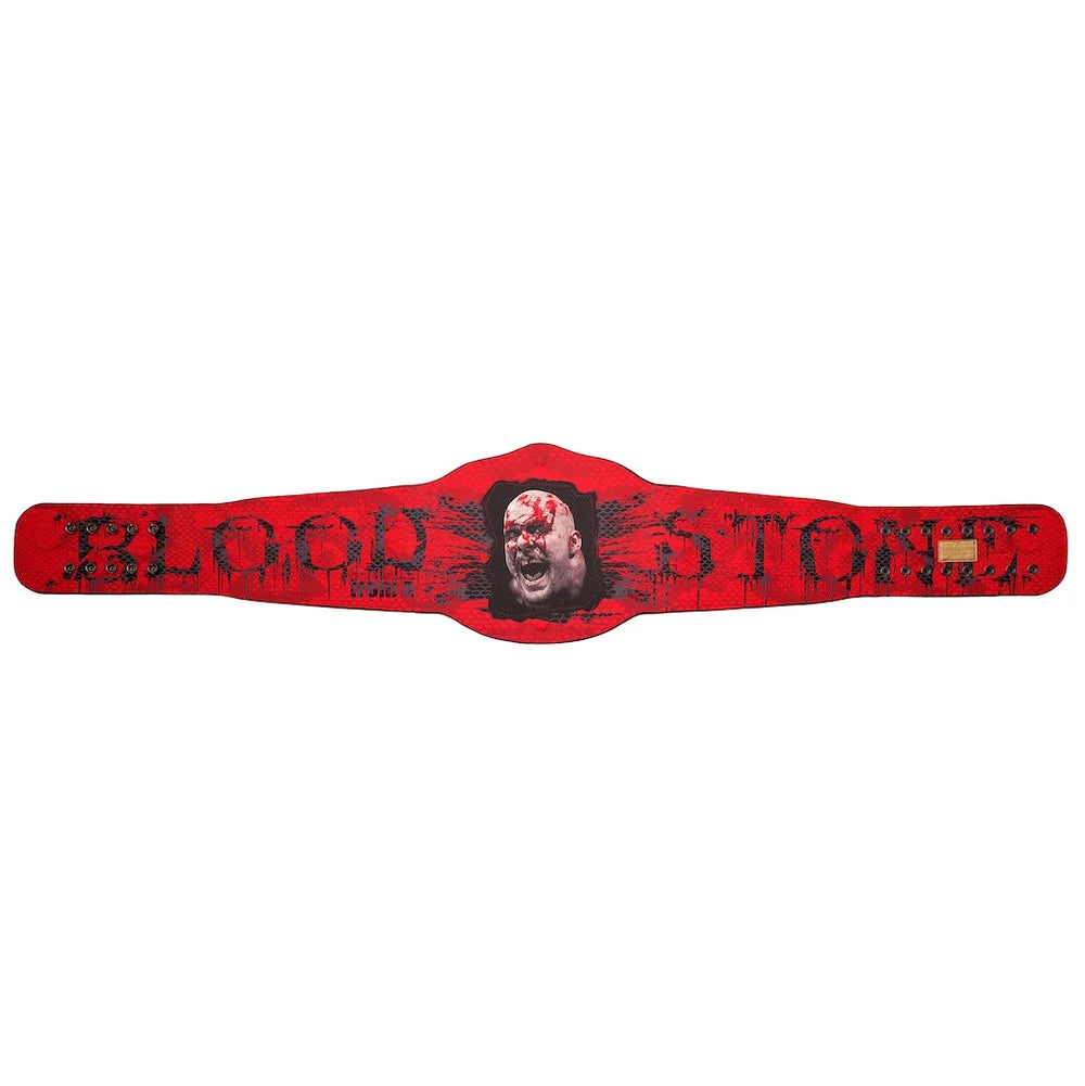 A red wrestling championship belt featuring the name 'BLOOD STONE' in distressed black lettering and a central portrait of the wrestler with a bloodied face, shown on a plain white background.