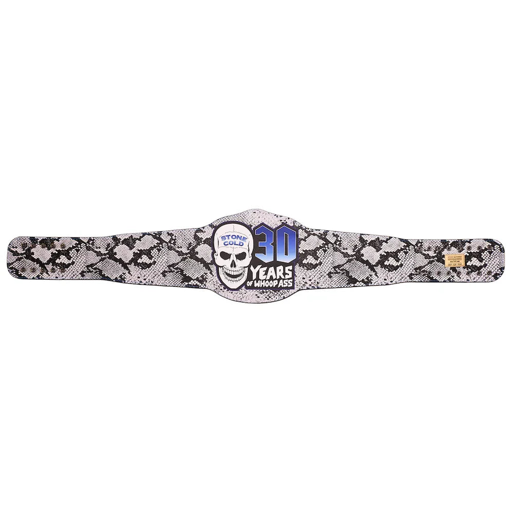 A championship-style belt with a black and white snakeskin pattern, featuring a central skull emblem and blue and white '30 YEARS' text, photographed on a plain white background.