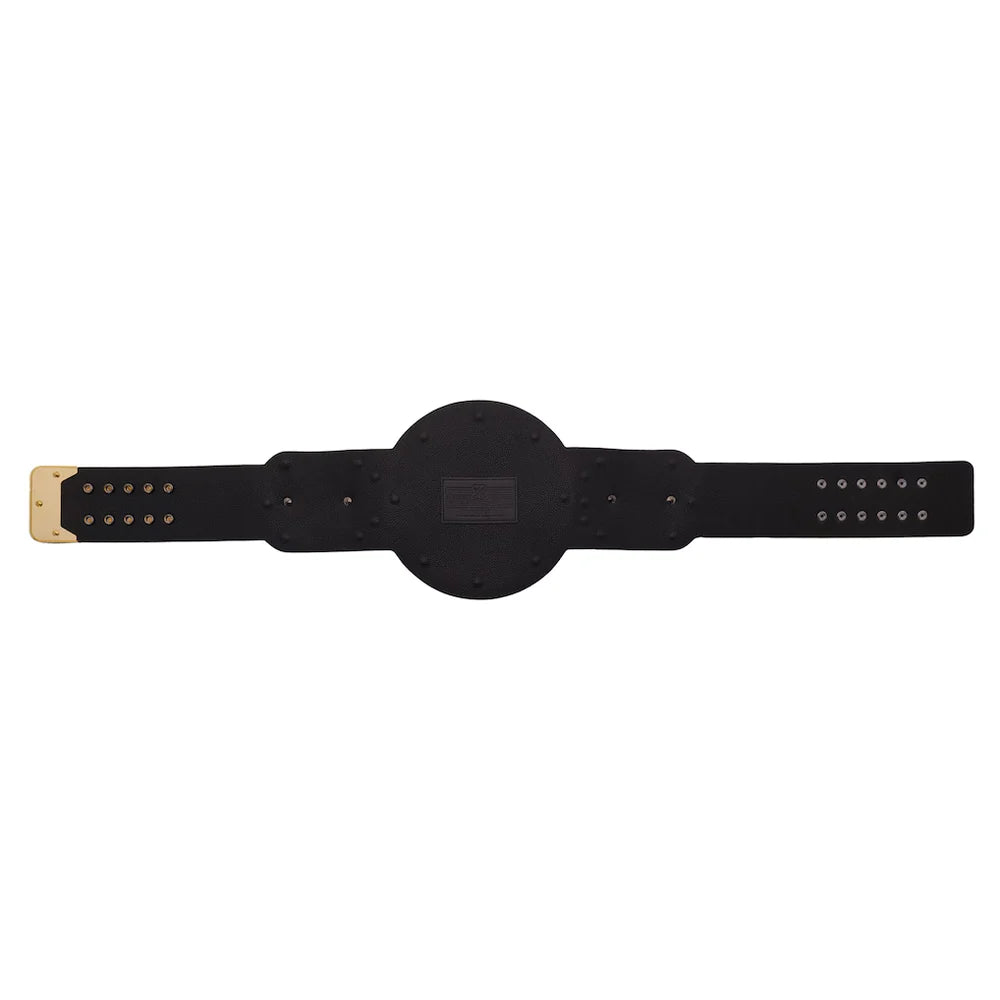 A black adjustable belt with a central oval buckle and a gold-toned metal tip on one end, shown against a plain white background.