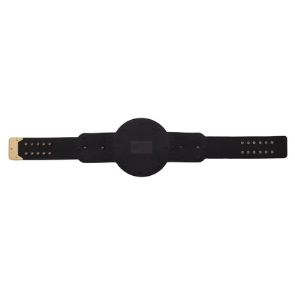 A black adjustable belt with a central oval buckle and a gold-toned metal tip on one end, shown against a plain white background.