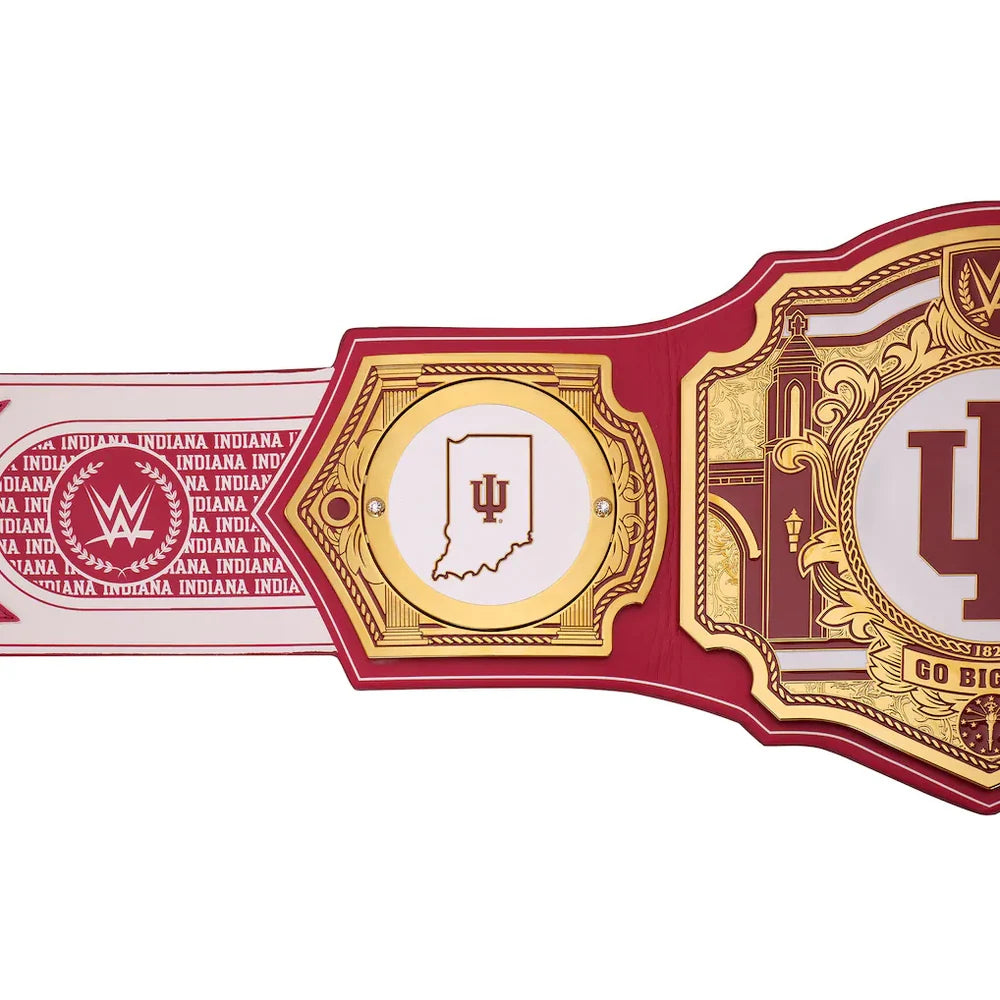 Indiana University wrestling championship belt featuring red and gold plates with the IU logo and WWE branding, shown against a plain white background.