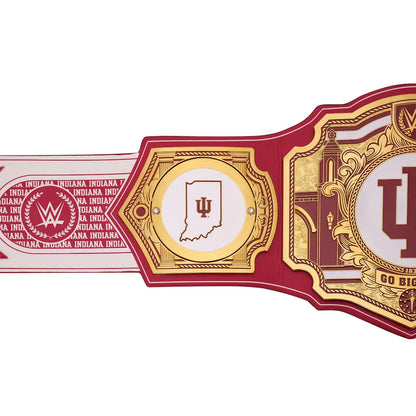 Indiana University wrestling championship belt featuring red and gold plates with the IU logo and WWE branding, shown against a plain white background.