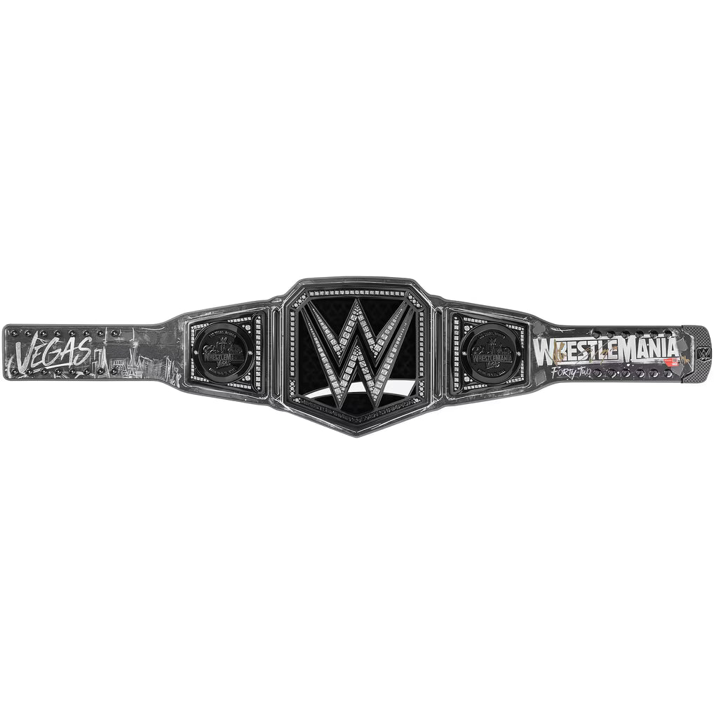WrestleMania Las Vegas Championship belt featuring a black and silver design with the WWE logo in the center, 'WrestleMania' text on the right, and 'Las Vegas' on the left, shown against a plain white background.