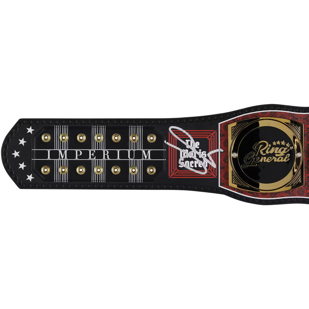 An autographed black and gold Ring of Power belt by Debra Newby, featuring her signature on the front strap, shown against a plain white background.