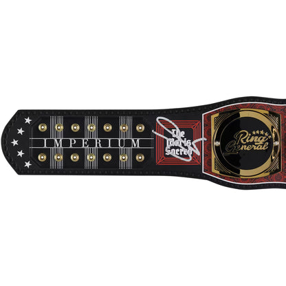An autographed black and gold Ring of Power belt by Debra Newby, featuring her signature on the front strap, shown against a plain white background.