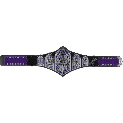 A WWE Championship belt featuring a black leather strap, purple inlay panels, and a large central silver-toned plate with blue and purple decorative detailing and the WWE logo.