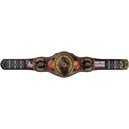 A championship belt with a black leather strap, a large central gold and red medallion, and black end plates featuring gold studs and the text 'WORLD CHAMPION' and 'GUNTNER'.