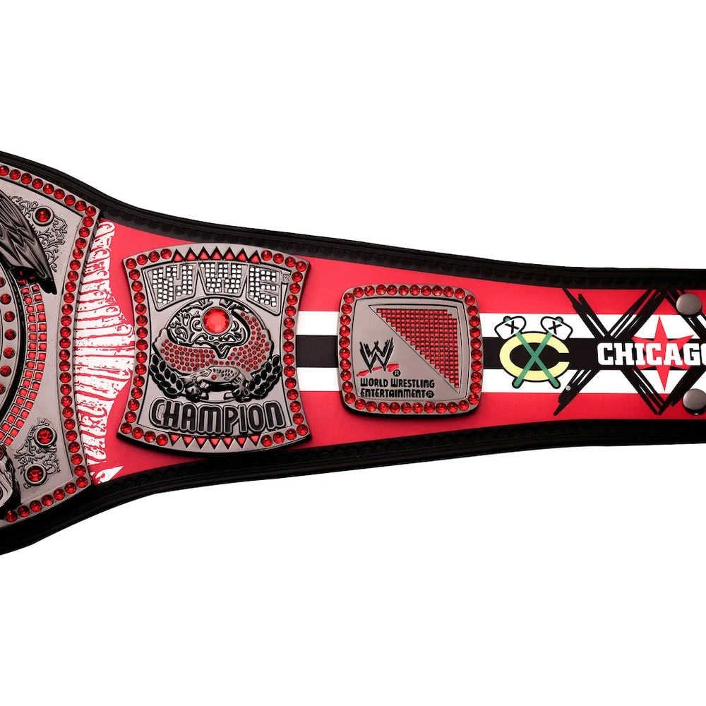 Wrestling championship belt with logos on a white background