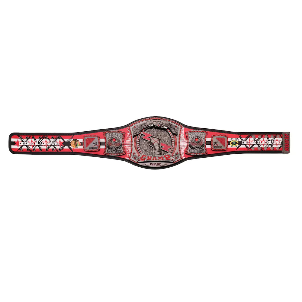Red championship belt with a central emblem on a white background