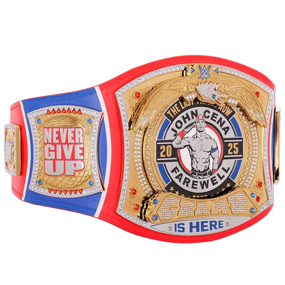 A custom championship belt featuring a large gold-toned central plate with a John Cena graphic and the words 'The Last John Cena Farewell 2025', a blue and red side panel reading 'Never Give Up', and a red outer strap, shown on a plain white background.