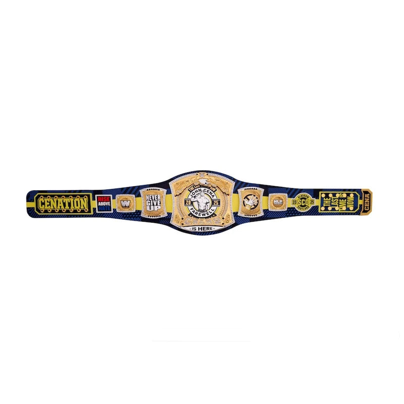 A championship belt with a navy blue strap and gold-tone metal plates, featuring the text 'CANATION' and 'SHAM' on the straps, shown against a plain white background.