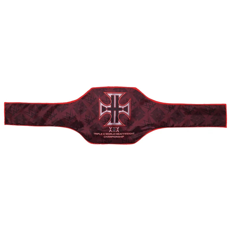 A Triple Crown World Heavyweight Championship belt in dark red with a black patterned background, featuring a silver and red Roman numeral XIII and the Triple Crown logo in the center.