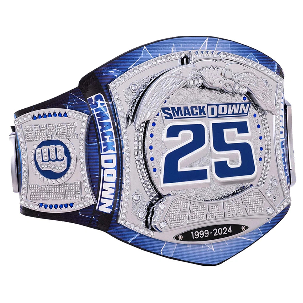 Wrestling championship belt with 'SmackDown' and number 25 on a white background