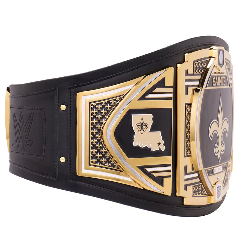 Black and gold championship belt with Louisiana and New Orleans Saints logos on a white background