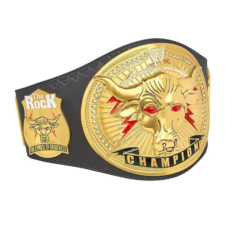 Wrestling championship belt with bull design and 'The Rock' logo on a white background