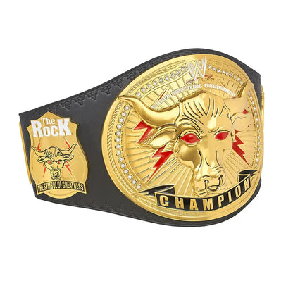 Wrestling championship belt with bull design and 'The Rock' logo on a white background