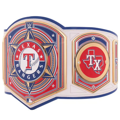 Texas Rangers championship belt with red, white, and blue design on a white background
