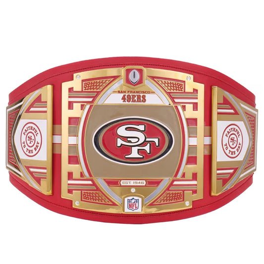 A San Francisco 49ers championship belt featuring a large central gold and red plate with the '49ers' logo, flanked by two side plates with NFL shield logos and team insignia, all on a red and gold leather-and-metal structure against a white background.