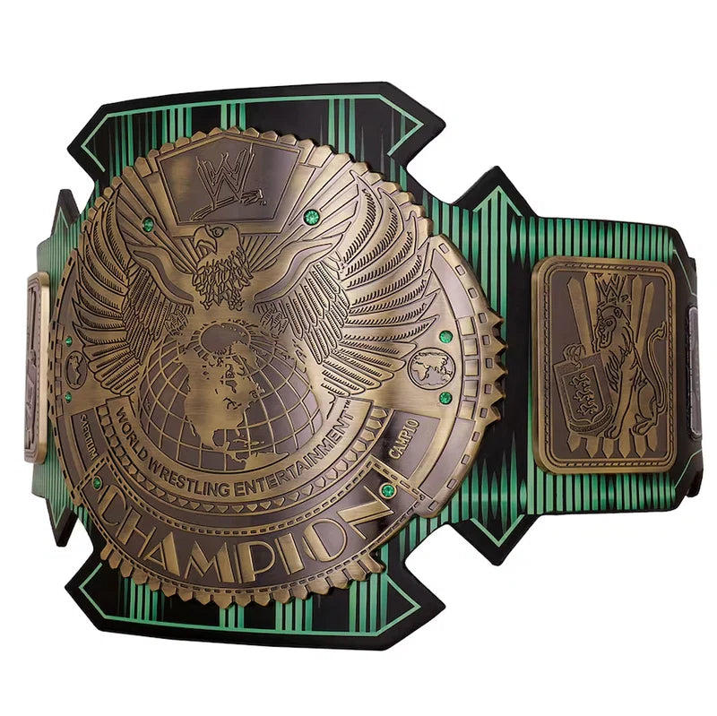 WWE championship belt with detailed emblem on a white background