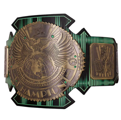 WWE championship belt with detailed emblem on a white background