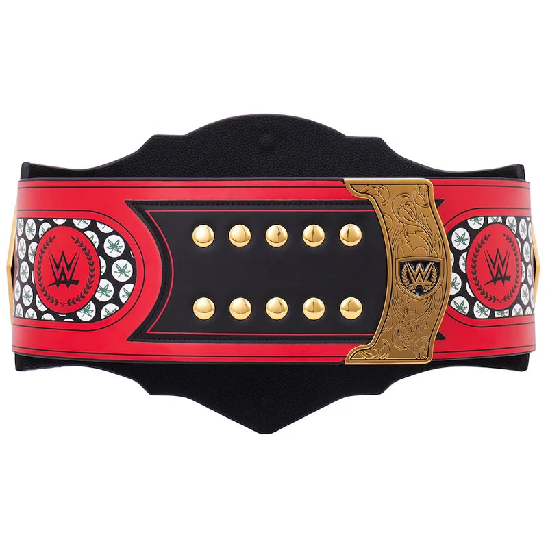 Wrestling championship belt with red, black, and gold design on a white background
