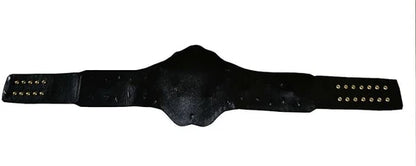 Black leather belt with gold studs on a white background