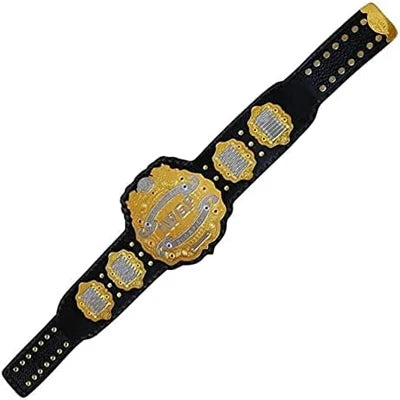 A replica or toy championship belt with a black strap, featuring gold and silver metallic plates, shown on a plain white background.