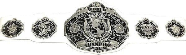 A silver and black metal championship belt with a large central plate reading 'WORLD CHAMPION' and five matching side plates, shown on a plain white background.