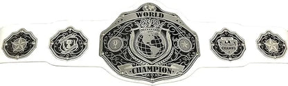 A silver and black metal championship belt with a large central plate reading 'WORLD CHAMPION' and five matching side plates, shown on a plain white background.