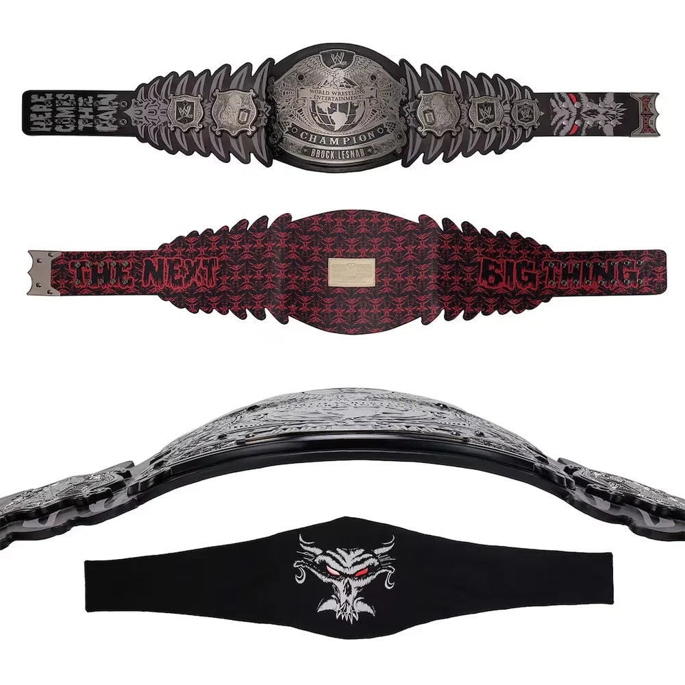 Three championship belts displayed against a plain white background: a silver and black Triple Crown Wrestling Championship belt at the top, a red and black Big Time Wrestling Championship belt in the middle, and a black belt with a silver dragon emblem and red eyes at the bottom.