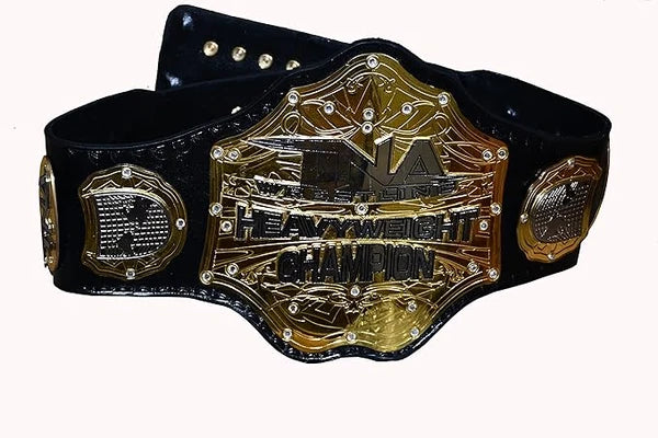 Black and gold championship belt with 'World Heavyweight Champion' text on a white background
