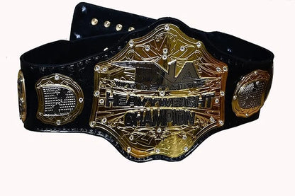Black and gold championship belt with 'World Heavyweight Champion' text on a white background