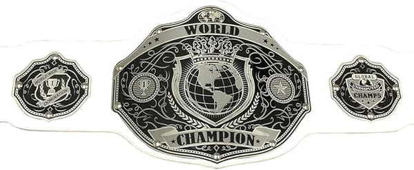 A silver and black metal championship belt with a large central plate reading 'WORLD CHAMPION' and two smaller matching plates on either side, displayed against a plain white background.
