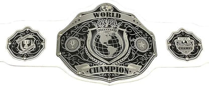 A silver and black metal championship belt with a large central plate reading 'WORLD CHAMPION' and two smaller matching plates on either side, displayed against a plain white background.