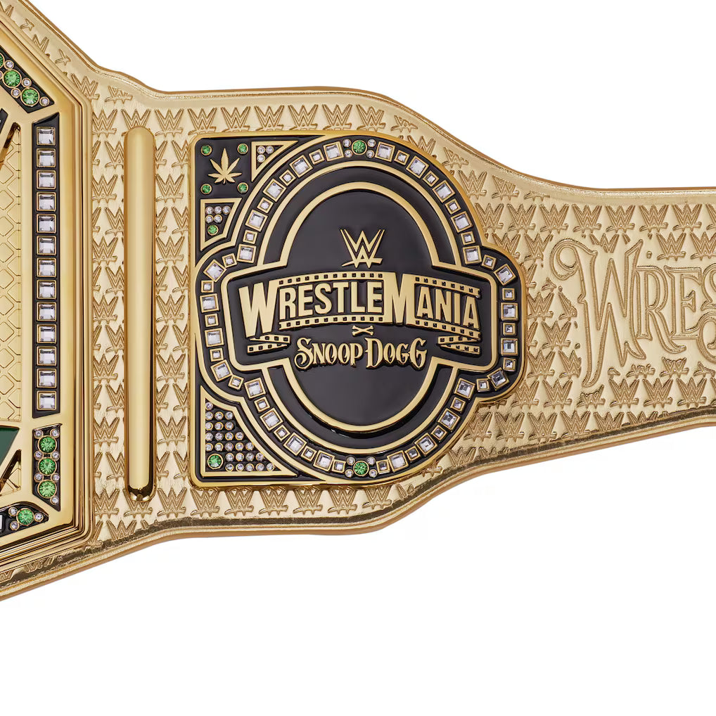 Gold championship belt with 'WrestleMania' and 'Snoop Dogg' text on a white background