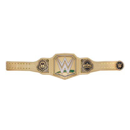 WWE Championship belt in gold with silver, white, and green accents, featuring the WWE logo in the center and the Raw brand logo on the side plates, shown against a plain white background.