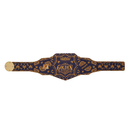 A championship belt with a navy blue and gold paisley bandana pattern, featuring a central shield-shaped plate with 'GOLDEN TITLE' printed in gold, and gold-toned metal hardware on a white background.