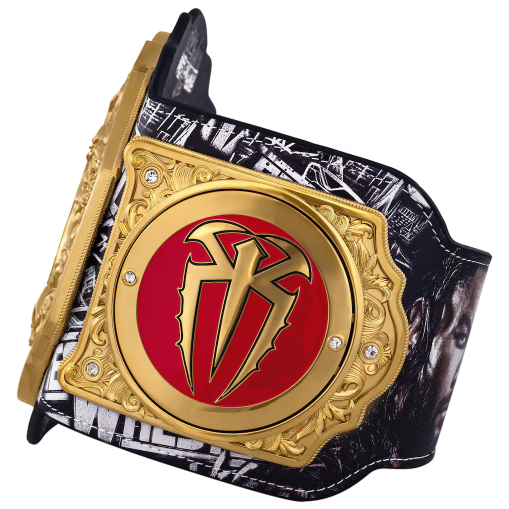 Wrestling championship belt with gold and red emblem on a white background