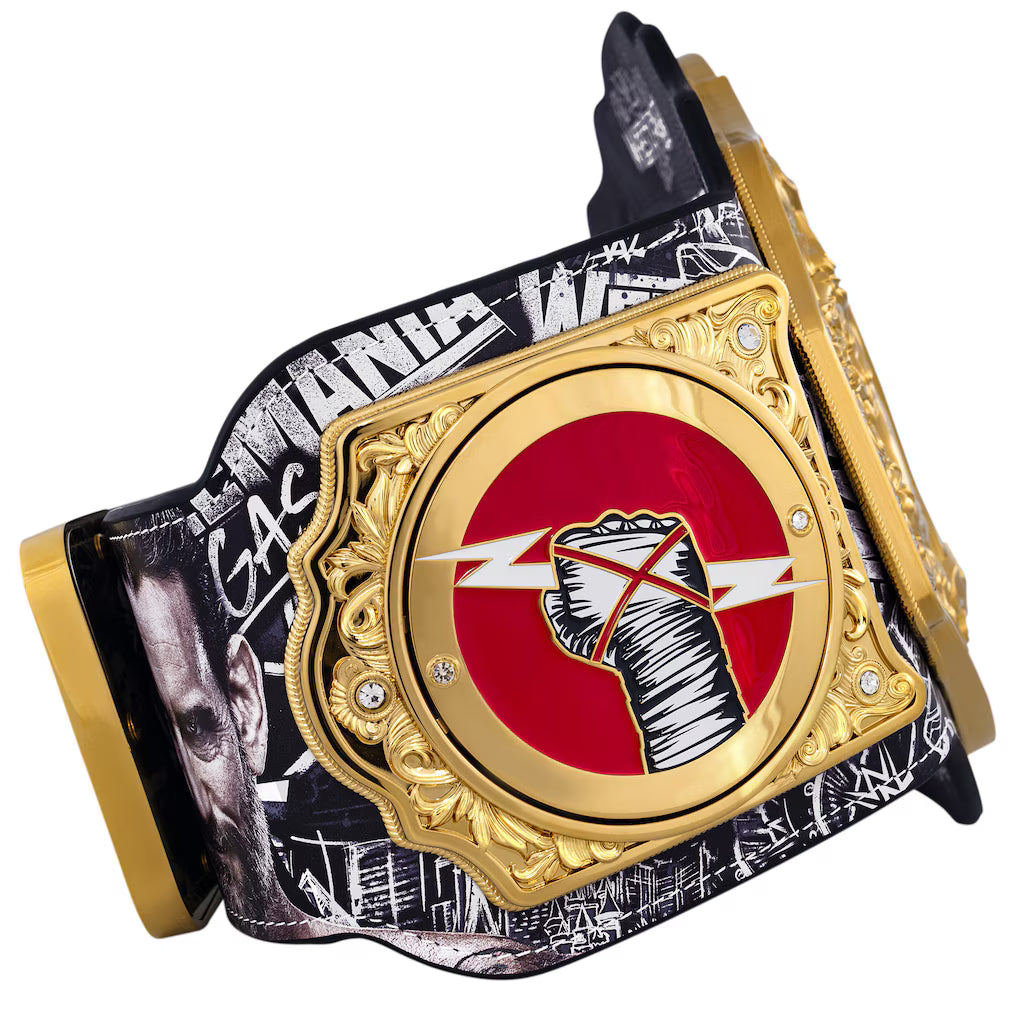 Belt with a gold buckle featuring a red circle and white fist design on a white background