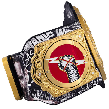 Belt with a gold buckle featuring a red circle and white fist design on a white background