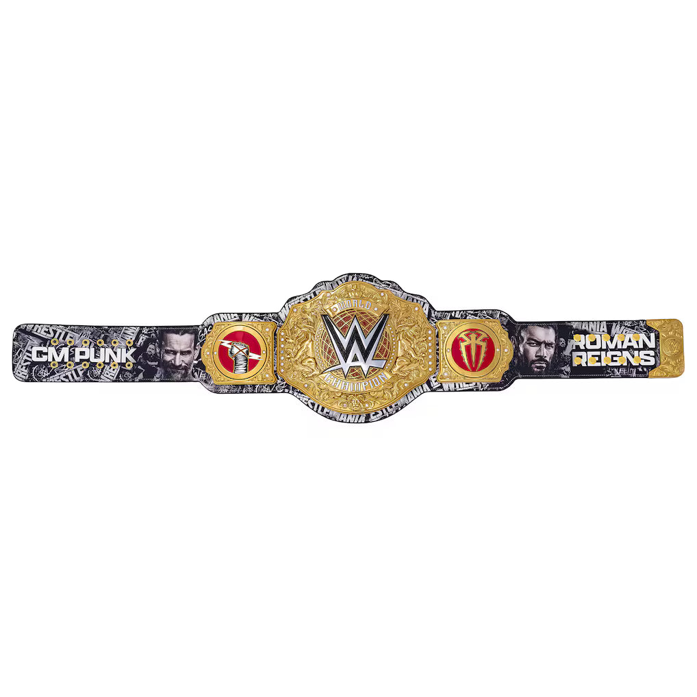 Wrestling championship belt with prominent logos on a white background