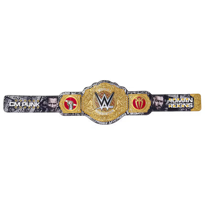 Wrestling championship belt with prominent logos on a white background