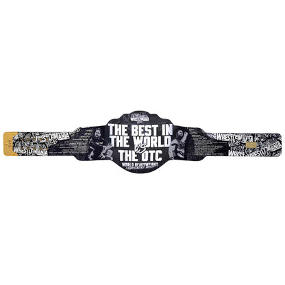Wrestling championship belt with text and graphics on a white background