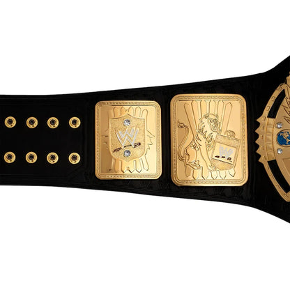 WWE Championship belt featuring a black textured strap with three large gold-tone plates, including a lion emblem and the WWE logo, shown against a plain white background.