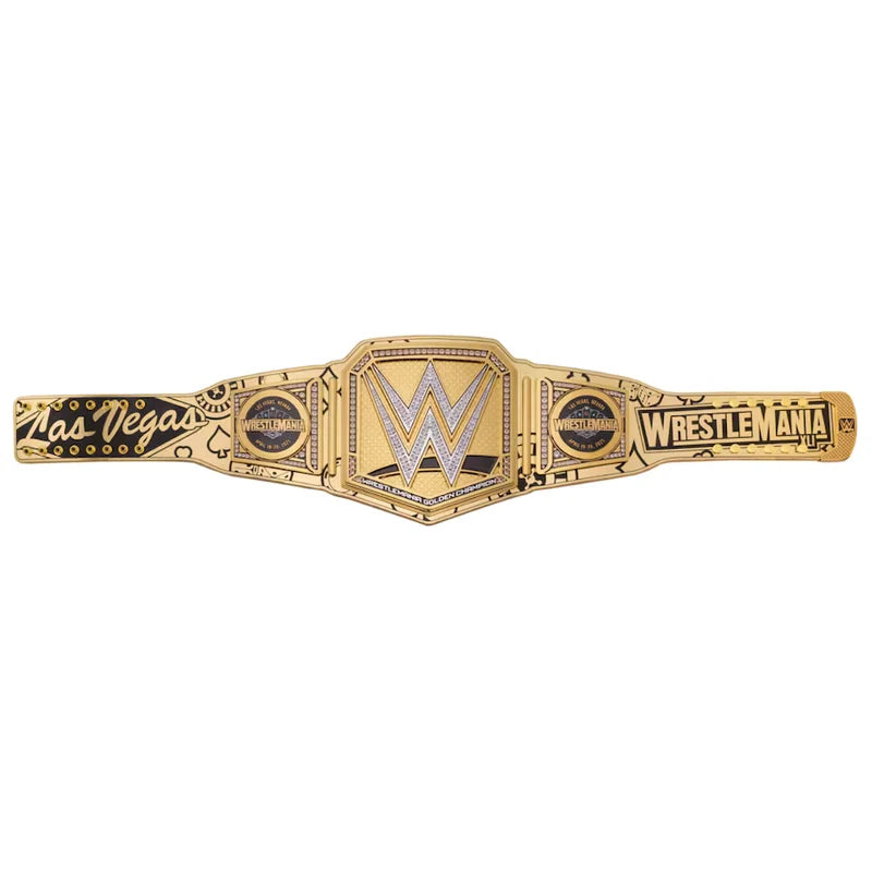Gold WWE championship belt with 'WrestleMania' text on a white background
