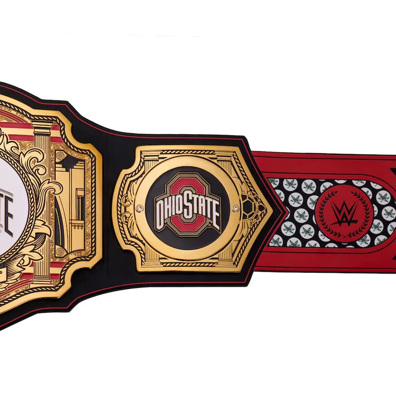 Wrestling championship belt with Ohio State and WWE logos on a white background